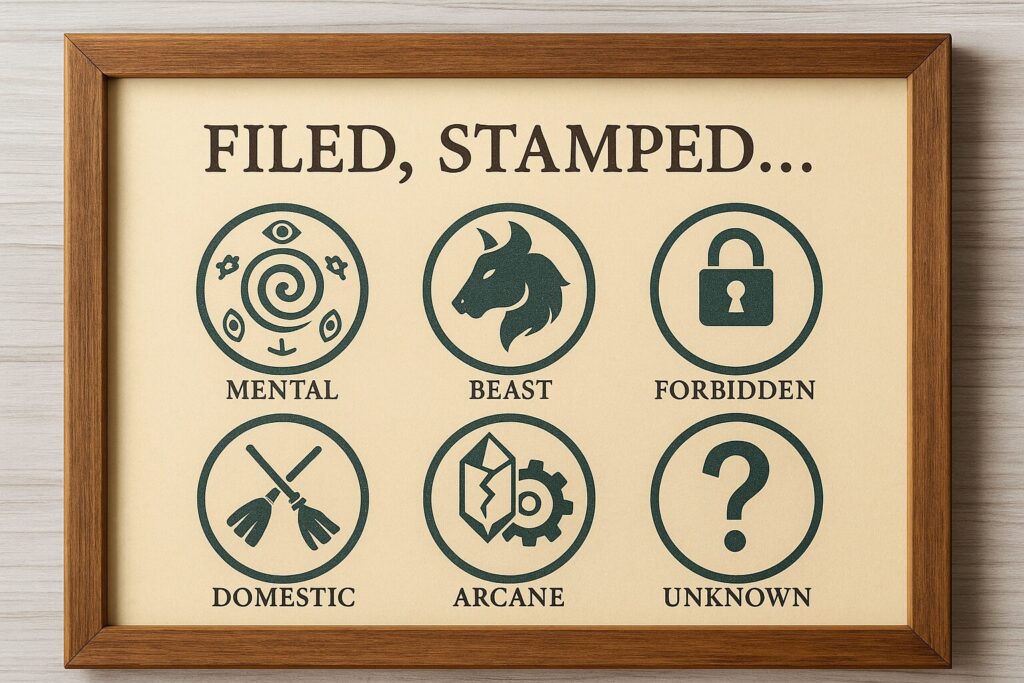 Fantasy bounty board featuring magical notices and arcane guild stamps