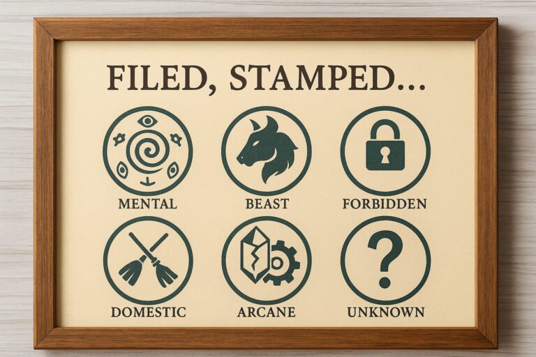 Fantasy bounty board featuring magical notices and arcane guild stamps