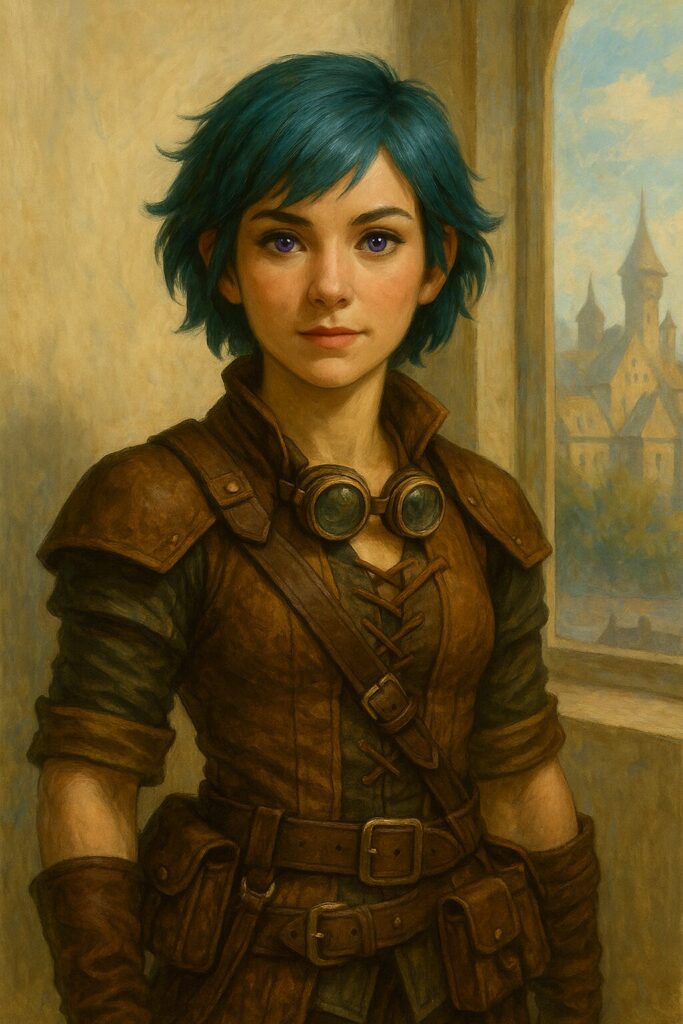 Fantasy portrait of Izzy Springbottom, a teal-haired gnome hunter and arcane engineer, wearing brown leather gear and handmade goggles, standing in her workshop with a medieval city visible through the window. Magic, tools, and cleverness are her specialty.