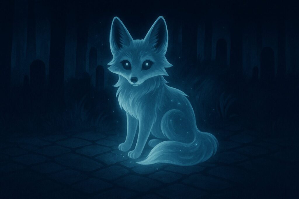 Ethereal glowing moonshadow fox sitting on cobblestones under moonlight, with shimmering fur and glowing eyes, surrounded by a dark mystical forest and faint gravestones fading into the night.