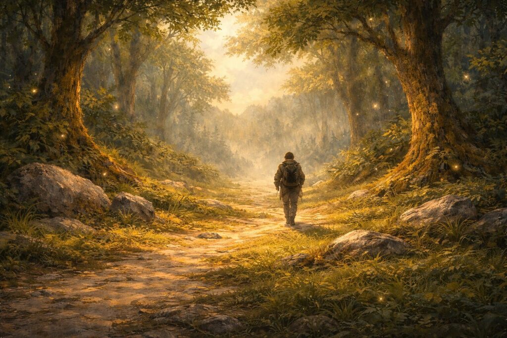 A lone traveler walks along a sunlit forest path in a magical woodland, seen from behind and far in the distance.