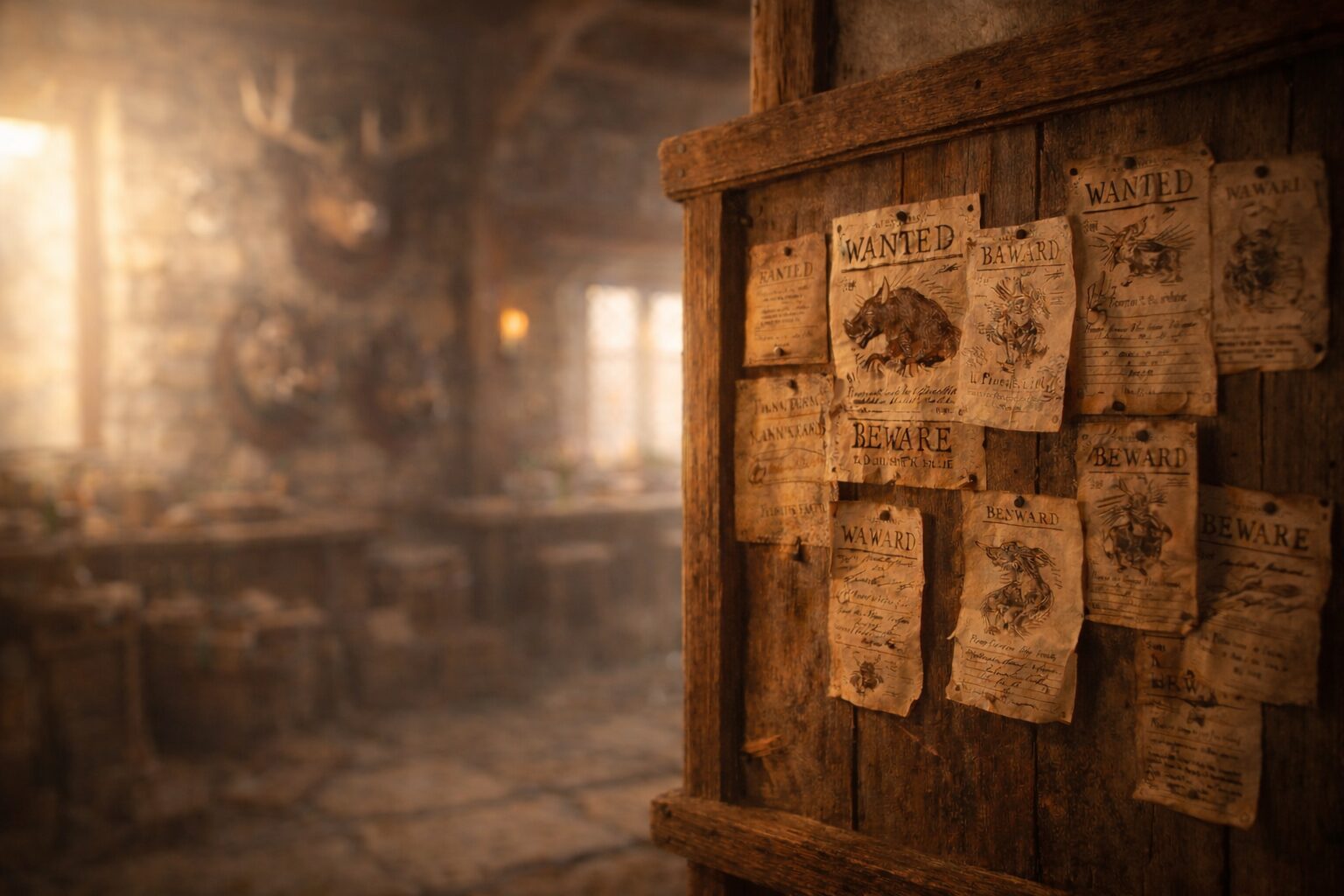 Rustic hunter’s guild hall interior with a bounty board covered in parchment notices.