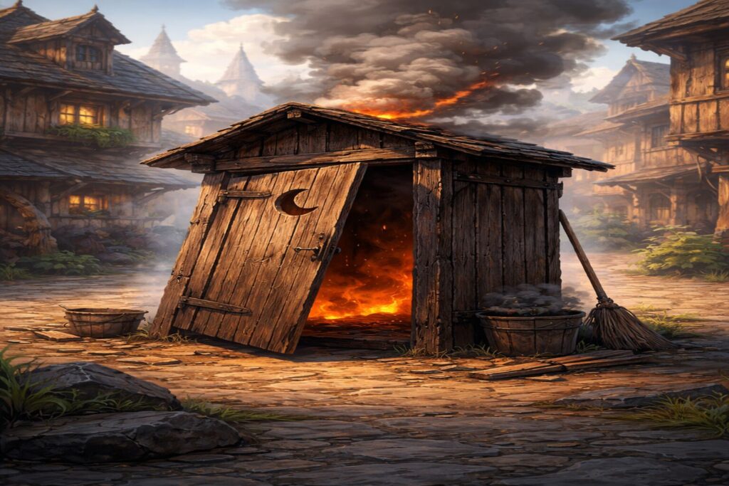 Smoldering wooden outhouse in a fantasy village, door ajar with firelight glowing inside.