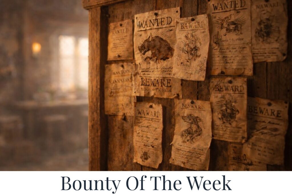 Rustic hunter’s guild hall interior with a bounty board covered in parchment notices.