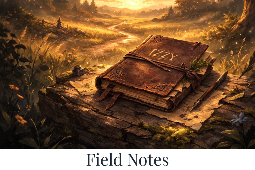 Leather field journal labeled “Izzy” resting on a mossy log beside a quill, overlooking a sunlit forest path at golden sunset.