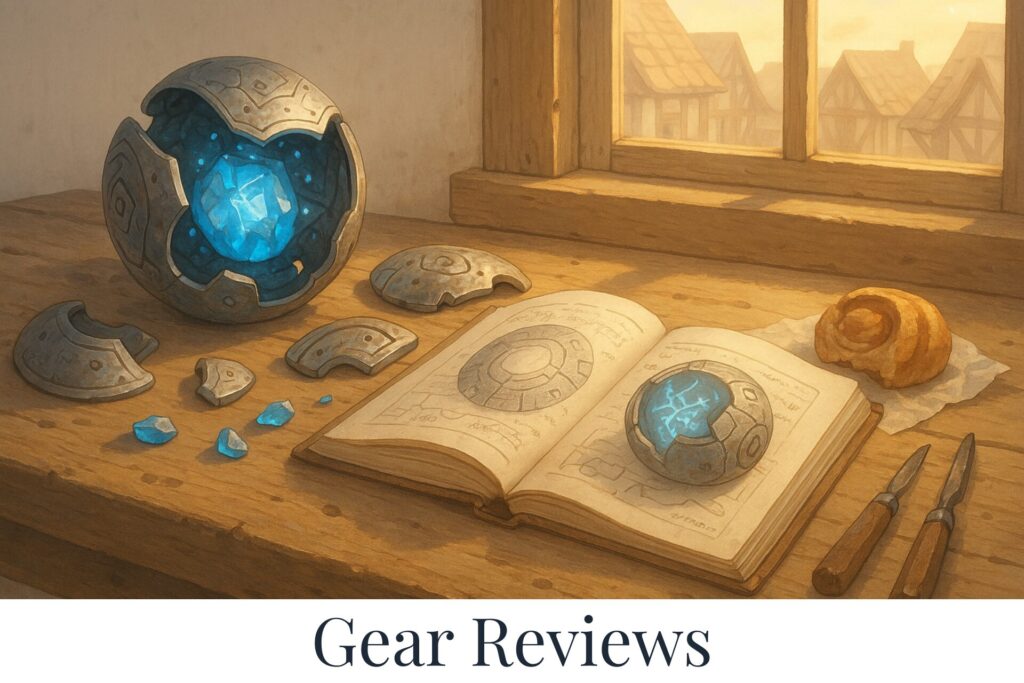 Disassembled arcane device with glowing blue crystal core on a wooden workbench beside an open engineering journal, tools, and a cinnamon roll.