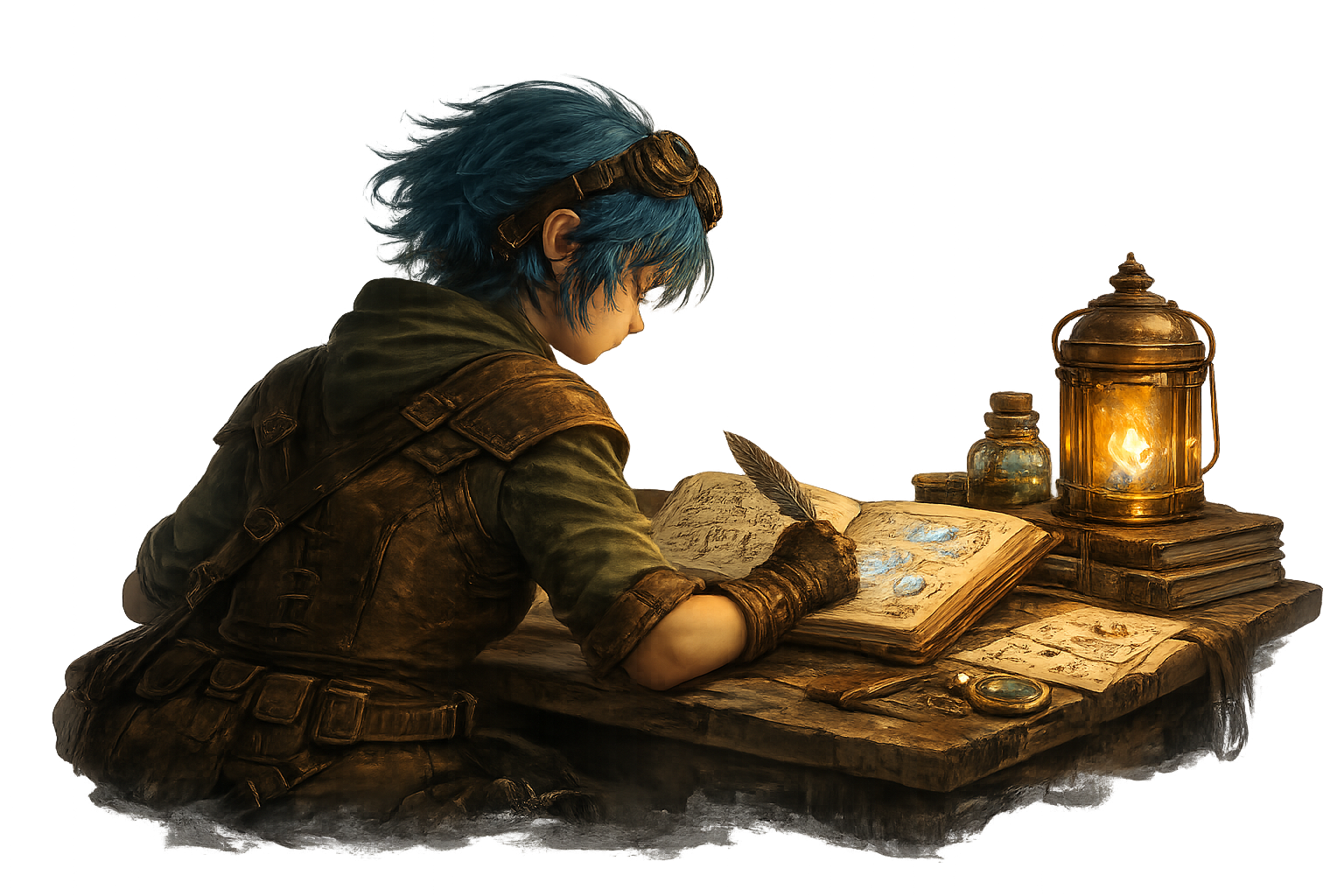 Arcane tinkerer viewed from behind, writing glowing runes in a leather field journal at a cluttered wooden workbench lit by a brass lantern, surrounded by scrolls, tools, and potion bottles.